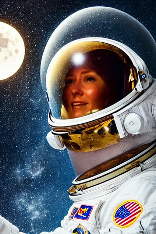 Prompt: extremely detailed studio portrait of space astronaut taking a selfie, holds a smart phone in one hand, phone!! held up to visor, reflection of phone in visor, moon, extreme close shot, soft light, golden glow, award winning photo by jimmy nelson