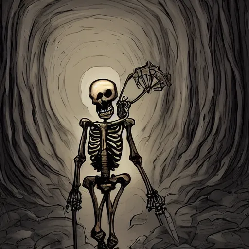 Prompt: a skeleton wandering through an endless dungeon with a torch, digital art