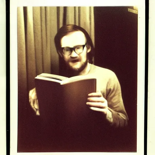 Prompt: donal gleeson with a book, 7 0 - s, polaroid photo, by warhol,