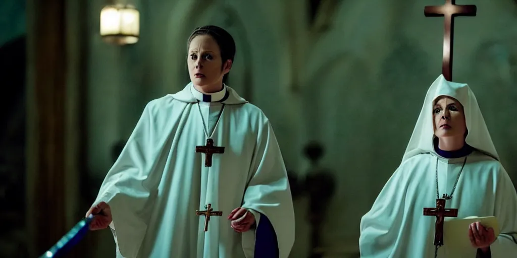 Image similar to a scene from a movie about a 3 4 - year old female cancer survivor who has an epiphany and decides to become a priest, she finds out there are real demons and battle the forces of evil with a sword in the shape of a cross 4 k, blue - ray screenshot, filmed by roger deakins