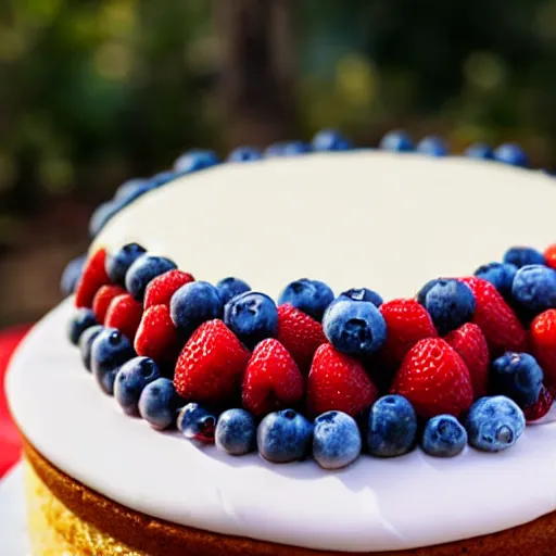 Image similar to A photo of a cake from the side with cream on the sides and strawberries, raspberries and blueberries in circles on top. Sun in back. 4K. Cinematic lighting. High detail. Realistic. Delicious