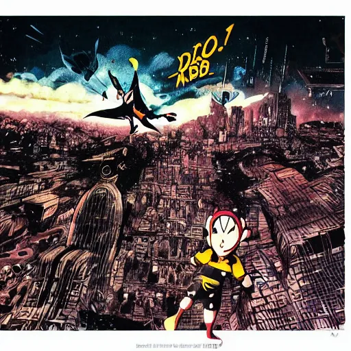 Image similar to “Astro Boy Demon nº625 Manga cover with an illustration of astroboy flying over a big messy luminous city, bird eyes view of the city, full of japanese signs, Ashley wood style, dynamic composition, printed on paper”