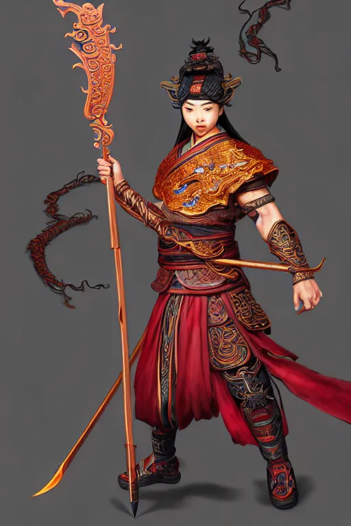 Image similar to charming nezha, highly detailed, man holding spear, flame everywhere, epic pose, masterpiece chinese fantasy character portrait, highly detailed, digital painting, trending on artstation, concept art, sharp focus, illustration, global illumination, ray tracing, realistic shaded, art by artgerm and greg rutkowski and fuji choko and viktoria gavrilenko and hoang lap