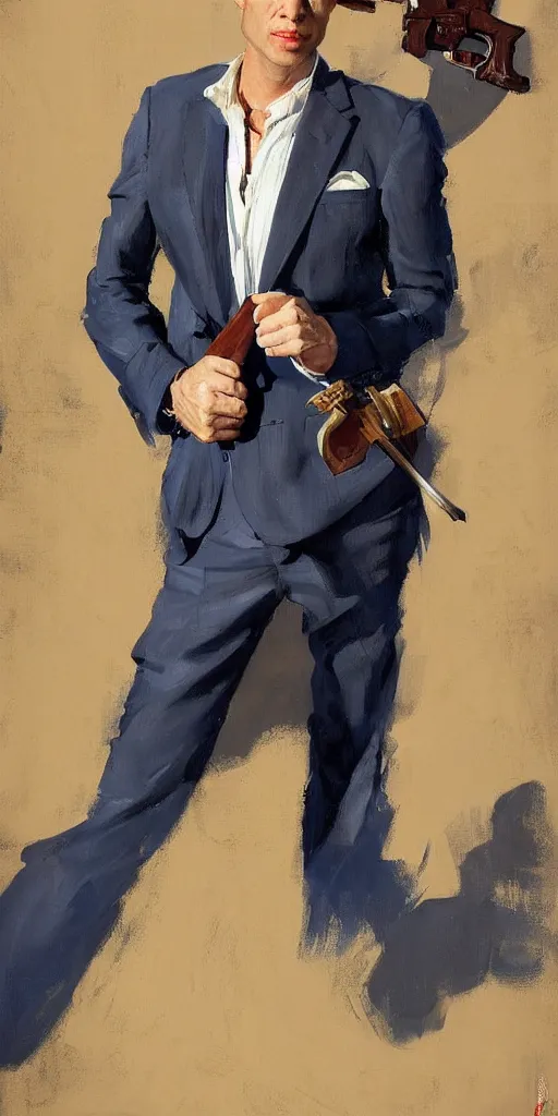 Image similar to greg manchess portrait painting of a blond man in a blue suit with a sword and a pistol, asymmetrical, profile picture, organic painting, sunny day, matte painting, bold shapes, hard edges, street art, trending on artstation, by huang guangjian, gil elvgren, ruan jia, randy vargas, greg rutkowski