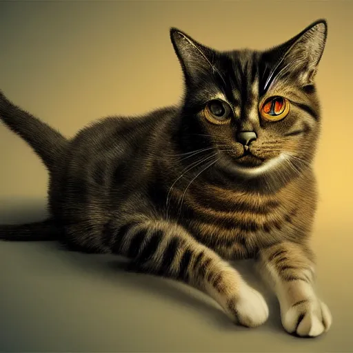 Image similar to a hyper realistic cat, ultra detailed, digital art, cinematic, studio lighting, background battlefield, fantasy,