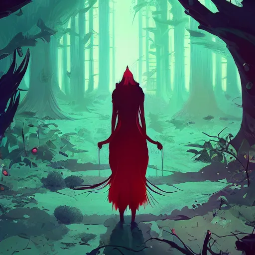 Image similar to an evil woman [ cursing a forest with red magic ]!, stands in the middle of a pathway in a timid forest, trending on cgsociety, digital art, illustrated by max hay and anton fadeev, bioluminescent atmosphere, back view, intricate