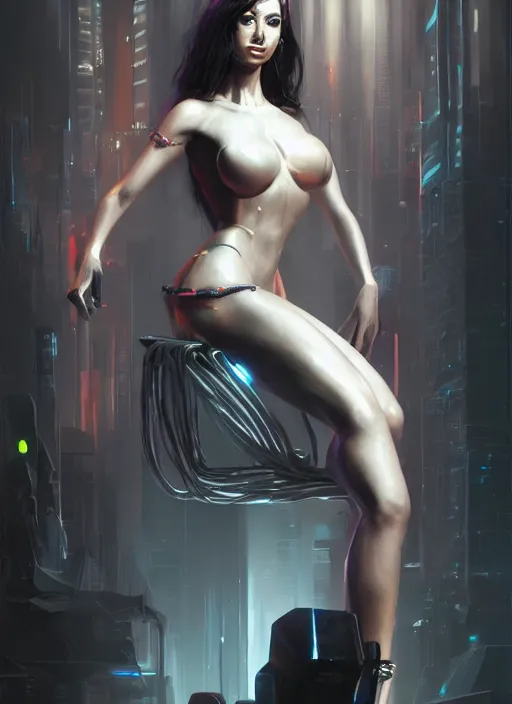 Image similar to a beautiful girl sitting on a stool in a dark room with laser light, cyberpunk, dynamic lighting, high detail, concept art, artstation, zbrush by Boris Vallejo