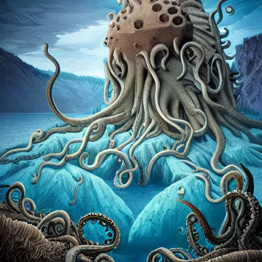 Image similar to crater lake writhing with tentacles and sea monsters, ultra detailed, highly detailed, 8 k, trending on artstation, award - winning art,