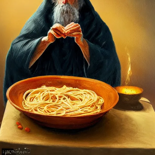 Image similar to painting of a mysterious old wizard summoning a bowl of pasta, atmospheric, oil painting, concept art, highly detailed