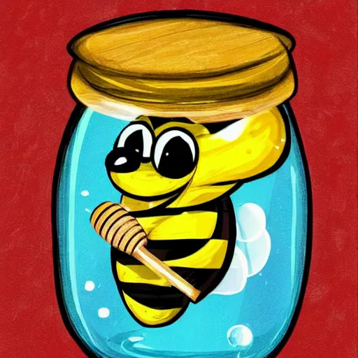 Image similar to cute bee flying out of a jar of honey with a wooden honey dipper in it, concept art, illustrated, highly detailed, high quality, bright colors, optimistic,