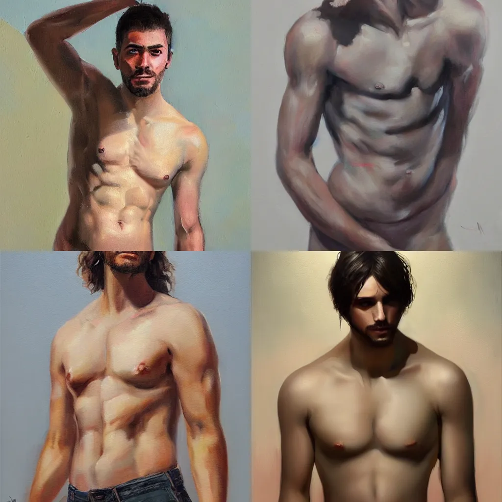 Prompt: a beautiful painting of a barechested man, trending on artstation