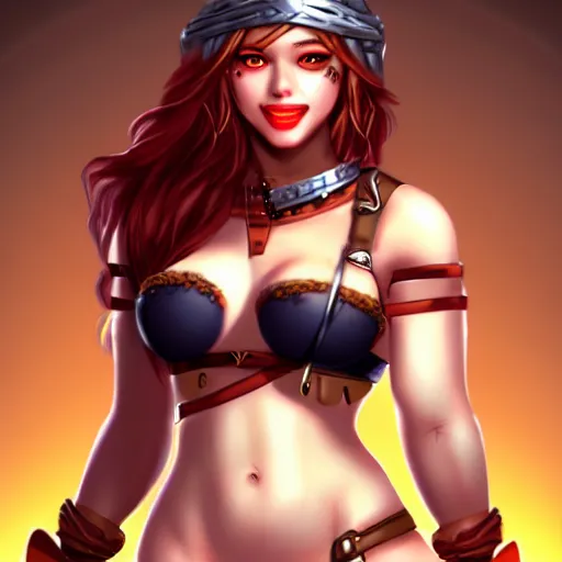 Image similar to very beautiful female barbarian, smiling, flirty, eye contact, perfect face, perfect body, drawn by artgerm