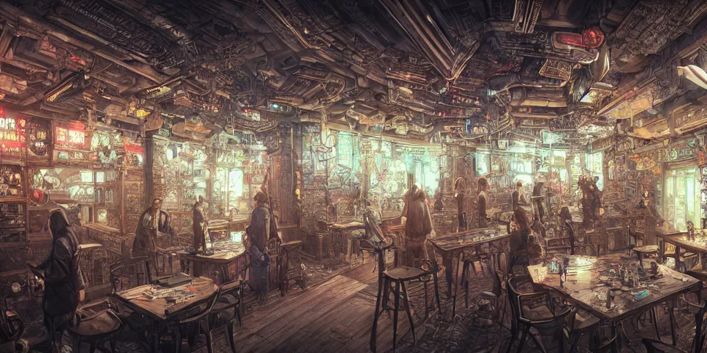 Prompt: Highly detailed realistic Digital concept interior design in style of Hiromasa Ogura and Josan Gonzalez of highly detailed cyberpunk tavern with stone walls and neon lights, a lot of electronics and people, many details. Natural white sunlight from the transperient roof. Panorama on 360 degrees Rendered in 32K in VRAY and DaVinci Resolve and MAXWELL and LUMION 3D, Volumetric natural light