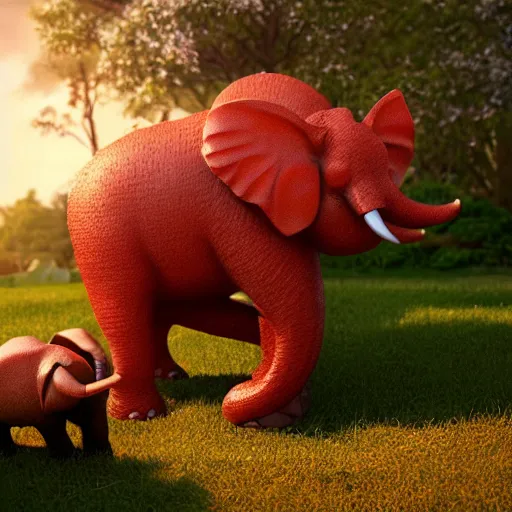 Image similar to a hyperrealistic photograph 3D octane render of a small red cat riding on a huge elephant in the park on a sunny day, trending on artstation, 4K, dramatic lighting, glowing, volumetric lighting, ray tracing, unreal engine