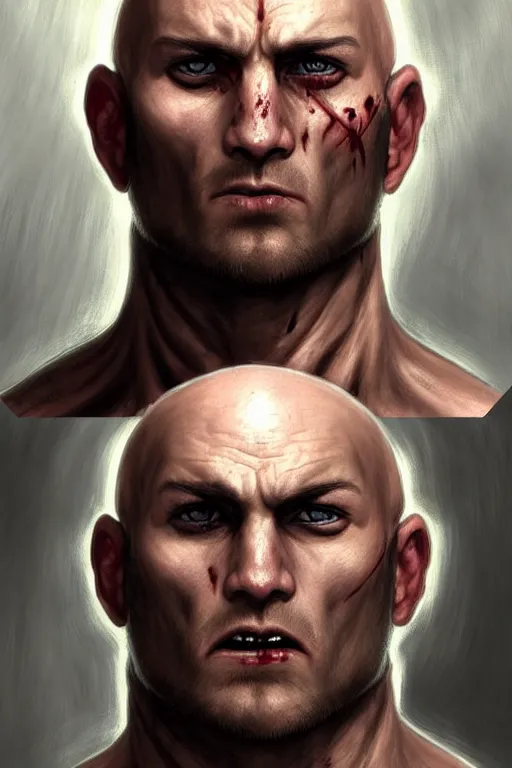 Image similar to unattractive, bald and unsympathetic Human_fighter!, He has 6 scares on his face, and a bloodthirsty look in his eyes. full_body!!, dungeons and dragons portrait, highly detailed, digital painting, artstation, concept art, sharp focus, illustration, art by artgerm and greg rutkowski and alphonse mucha