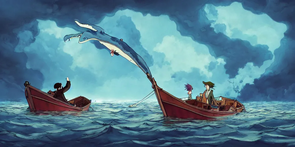 Prompt: a realistic and atmospheric cell - shaded concept art from howl's moving castle ( 2 0 0 4 ) of a multi - colored whale jumping into the air. a man with an umbrella is standing in a boat in a flooded city. it is a misty starry night. very dull muted colors, hd, 4 k, hq