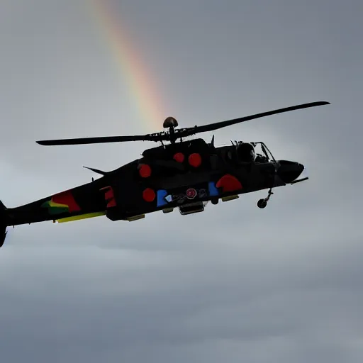 Image similar to an rainbow coloured Apache attack helicopter flying trough the air