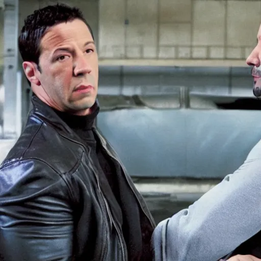 Prompt: film still of Vin Diesel as Domenic Toreto and Keanu Reeves as Brian O’Conner in Fast and the Furious