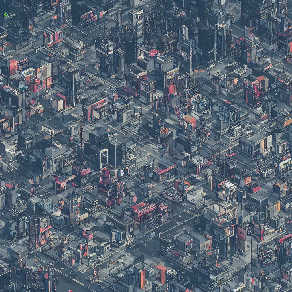 Prompt: orthographic eagle-eye view of street. Cyberpunk futurepunk advanced civilisation.