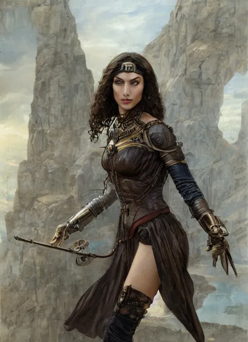 Image similar to oil painting of a highly detailed steampunk gal gadot in handcuffs while standing on a rock : leonardo da vinci, greg rutkowski, magali villeneuve