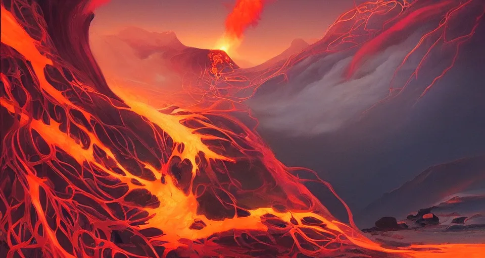 Image similar to a volcano made of ivory vines and crimson rocks enters in eruption, it spits a smoke in the shape of demonic eye, by RHADS