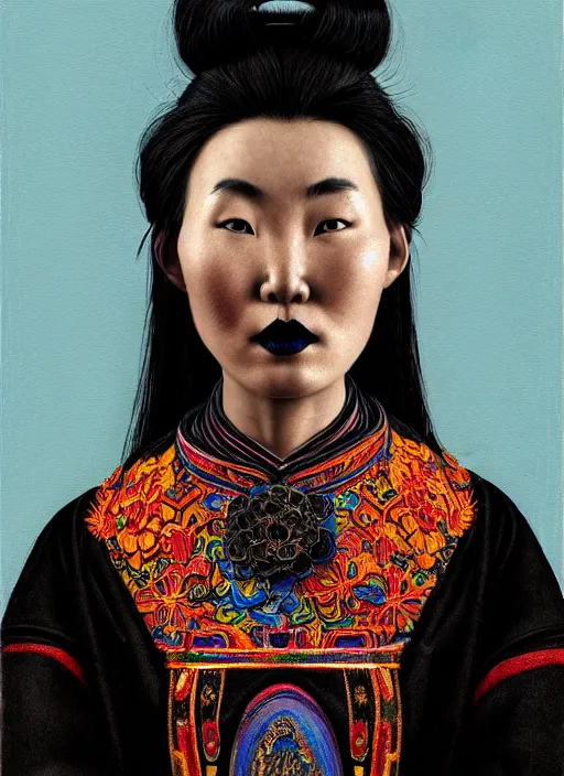 Prompt: portrait of a mongolian woman with a crooked nose and a confident expression, 1 9 6 0 s, black clothes, goth, punk, brightly coloured hair, funk, intricate, elegant, highly detailed, digital painting, artstation, concept art, smooth, sharp focus, illustration, art by wlop, mars ravelo and greg rutkowski