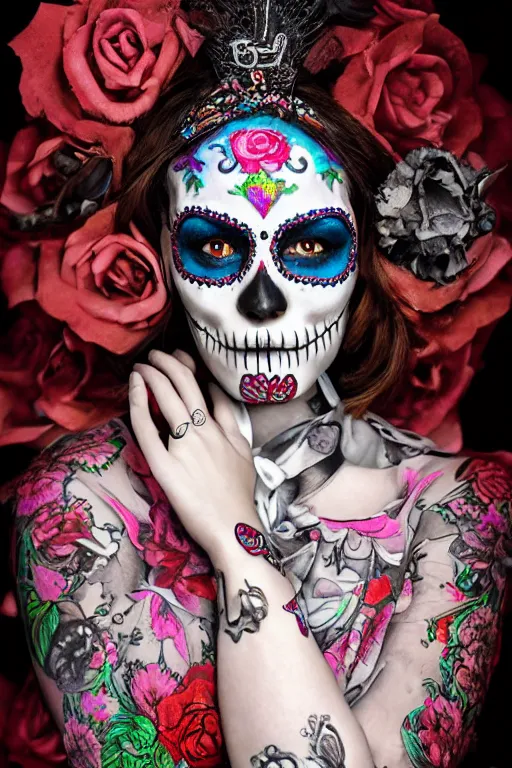 Prompt: Illustration of a sugar skull day of the dead girl, art by Peter Kemp