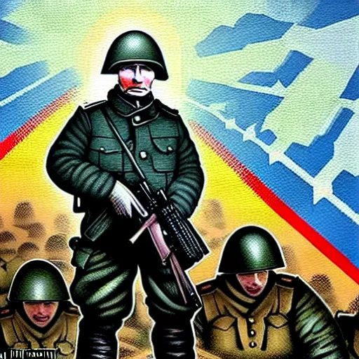 Prompt: Putin is sitting in the trenches and defending himself from Ukrainian troops, Retro futuristic painting style