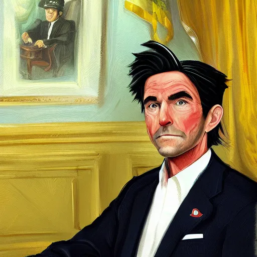 Image similar to president ash ketchum, ash ketchum presidential portrait, oval office painting. official portrait, oil on canvas. realism. retouched face