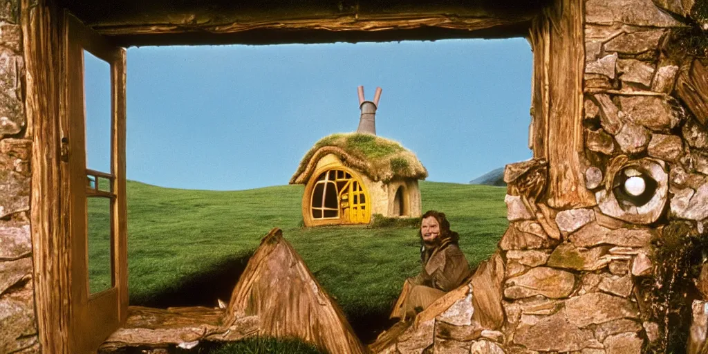 Prompt: A full color still from a Stanley Kubrick film featuring Hobbiton with windows, doors, and chimneys built into the hills, 35mm, 1975