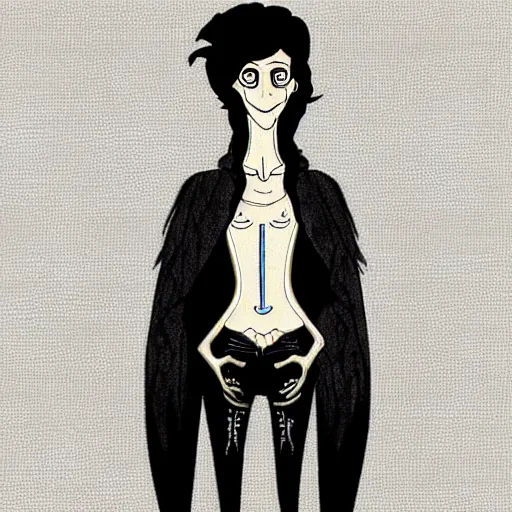 Image similar to young man portrait, black hair, skinny, corpse bride art style