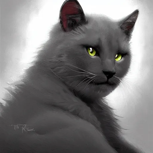 Prompt: a big dark angry powerful menacing grey cat with white belly, white paws and white face markings with long fur and fluffy tail sitting, intricate, elegant, highly detailed, digital painting, artstation, concept art, matte, sharp focus, illustration, art by Artgerm and Greg Rutkowski and Alphonse Mucha
