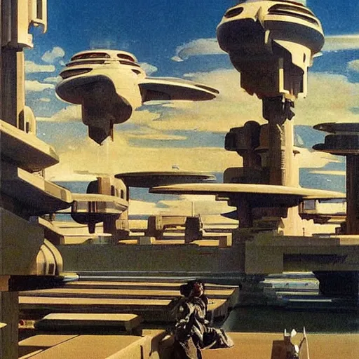 Image similar to dreamy landscape. science fiction. cinematic sci - fi scene. symmetry. accurate anatomy. science fiction theme. brutalism. intricate detail. epic. intimidating. retrofuturism. art by john singer sargent - akira toriyama - joaquin sorolla - ralph mcquarrie