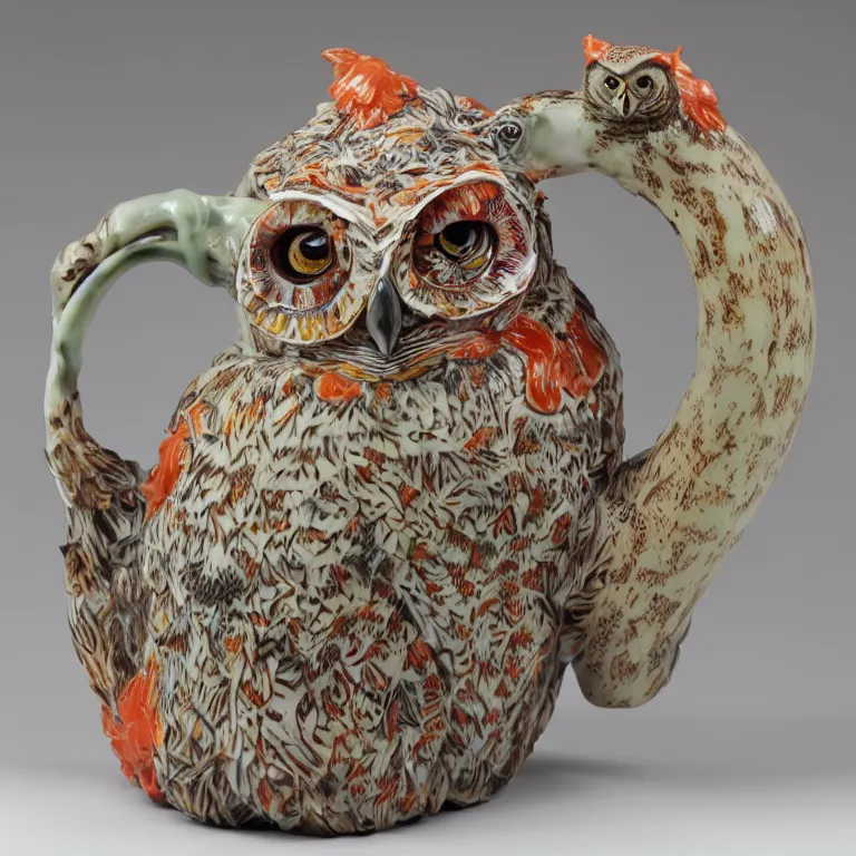 Prompt: Studio Photograph of Beautiful Handmade wheel thrown Porcelain Teapot in the shape of a Great Horned Owl With a Lid that is the Owl Head One handle One Spout Covered with sgraffito feathers, Glossy celadon glaze Bright Intense Colors shocking detail hyperrealistic trending on artstation