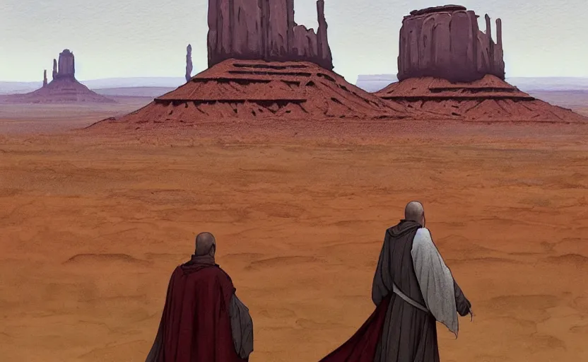 Prompt: a hyperrealist watercolor concept art of a medieval monk in grey robes in monument valley with futuristic cities on each rock formation. golden hour. very muted colors, by rebecca guay, michael kaluta, charles vess. high detail, hq, wide shot, 4 k