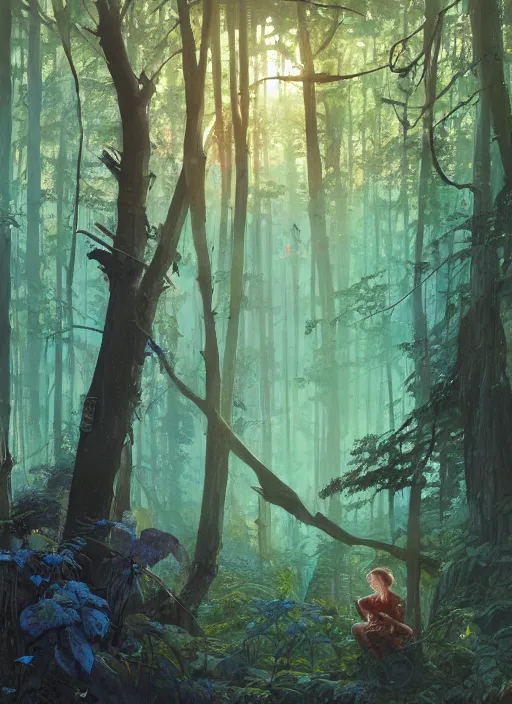 Image similar to technology in the woods gorgeous lighting, sunbeams blue sky, lush forest foliage painting by chiara bautista and beksinski and norman rockwell and greg rutkowski weta studio, and lucasfilm