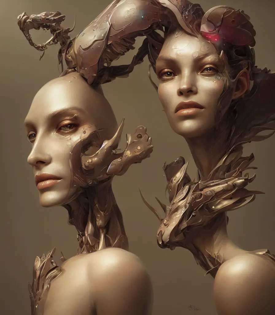 Prompt: a beautiful portrait of organic humanoid, front close - up face, front, full body, volumetric, symetrical close up, octane render, ultra details, by peter mohrbacher, zaha hadi