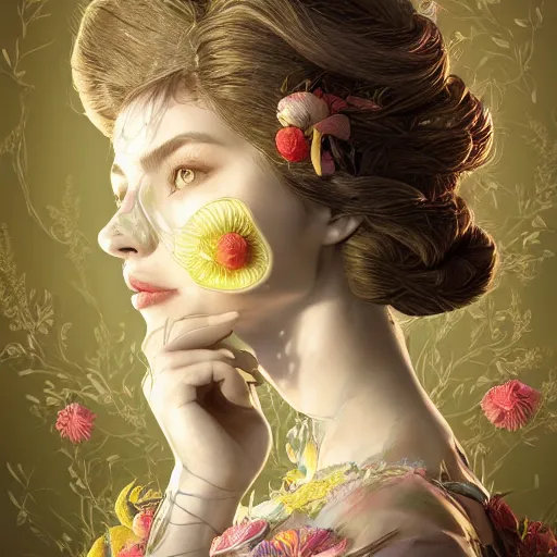 Image similar to the portrait of an absurdly beautiful, graceful, elegant, sophisticated, young girl made up of lemons, an ultrafine hyperdetailed illustration by kim jung gi, irakli nadar, intricate linework, bright colors, octopath traveler, final fantasy, unreal engine 5 highly rendered, global illumination, radiant light, detailed and intricate environment