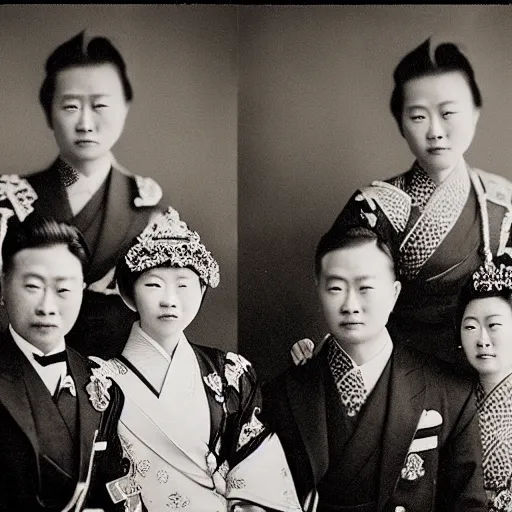 Image similar to A close up shot, colored black and white Russian and Japanese mix historical fantasy a photograph portrait taken at the empress and emperor's royal wedding breakfast, photographic portrait, warm lighting, 1907 photo from the official wedding photographer for the royal wedding.