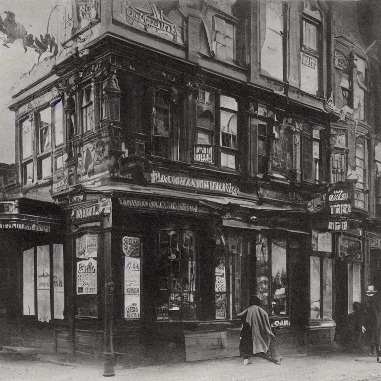 Prompt: A photo of the exterior of a gothic Pizza Hut in a victorian city, a cloaked man is walking away with a pizza, night, lit by gaslight