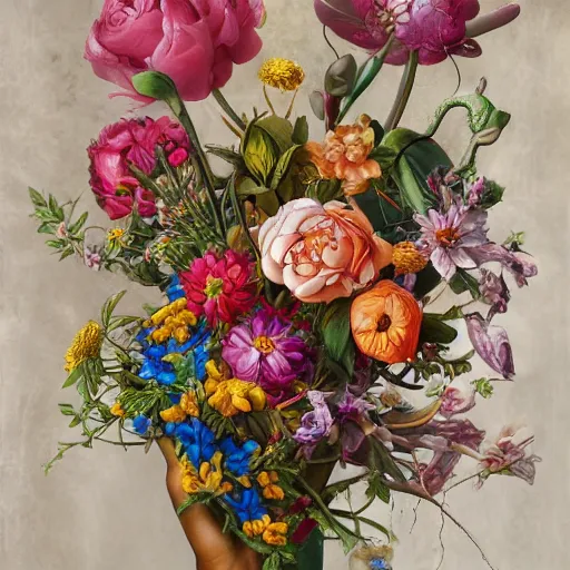 Prompt: photorealistic beautiful hands holding a big elaborate maximalist flower. mixed media 3d and oil painting in the style of Michelangelo and Banksy with flemish baroque details. hyperdetailed HD 8x