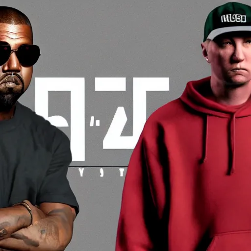 Image similar to kanye west and eminem in gta 5 real life, hyper realistic, realistic, 4 k, 8 k uhd, intricate details, detailed, great detail