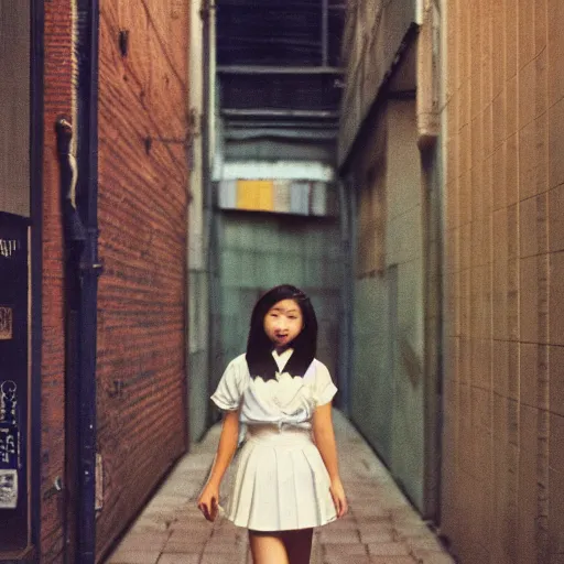 Image similar to 1990s perfect 8K HD professional cinematic photo of a japanese schoolgirl, in sci-fi alleyway at evening, at instagram, Behance, Adobe Lightroom, with instagram filters, depth of field, taken with polaroid kodak portra