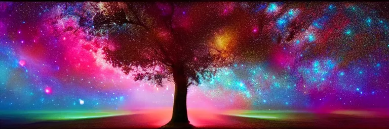 Prompt: beautiful trees, multicolor stars and galaxies, psychedelic, trending on artstation, hd photography