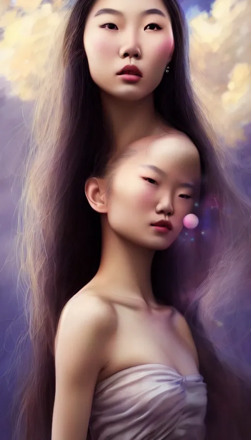 Prompt: photo of a gorgeous young asian girl , searching for eternity, cloud goddess, duality, far away dreams in bubbles in the style of stefan kostic, hyper realistic, sharp focus, 8k high definition, high fashion, vogue, insanely detailed, intricate, elegant, art by stanley lau and artgerm