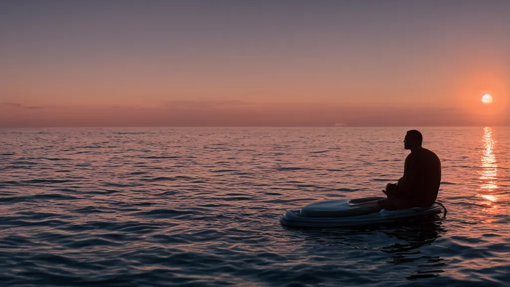 Image similar to a movie still of a man sitting on the roof of a car floating in the ocean at sunset, golden hour