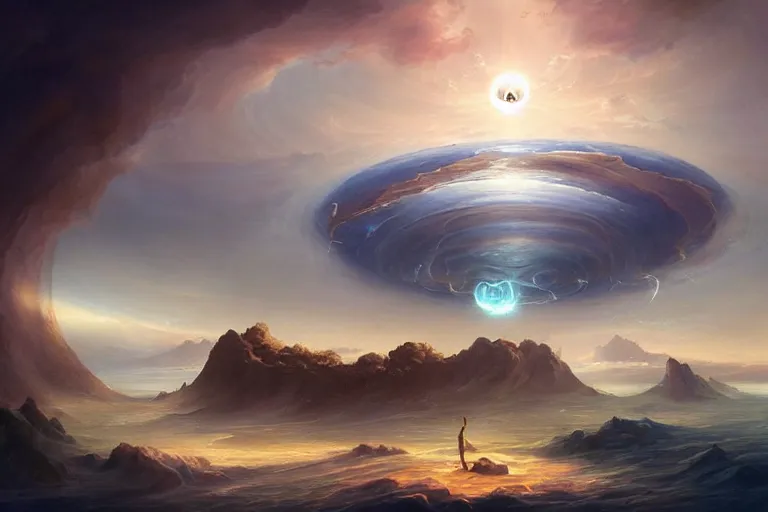 Prompt: surrealist landscape of islands floating away in concentric cycles into a celestial skyscape. a psychological dream matte digital painting by peter mohrbacher and dali. fibonacci composition, god rays, vivid tones.