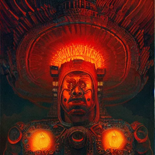 Image similar to giant mayan joe biden with flaming eyes standing over city, perfectly clear face, by j. c. leyendecker and beksinski