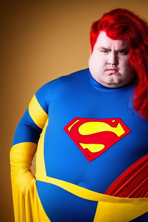 Prompt: a fat and sad superhero with red hair, wearing a blue and yellow costume, photograph, 4 k, high definition,