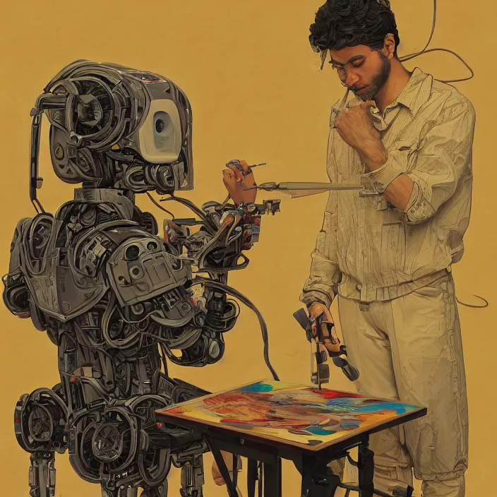 Image similar to robot artist painting a self - portrait on a canvas. intricate, highly detailed, digital matte painting, in the style of alexandros pyromallis, and in the style of sachin teng, and in the style of hans thoma, and in the style of william andrew loomis. irony, recursion, inspiration.